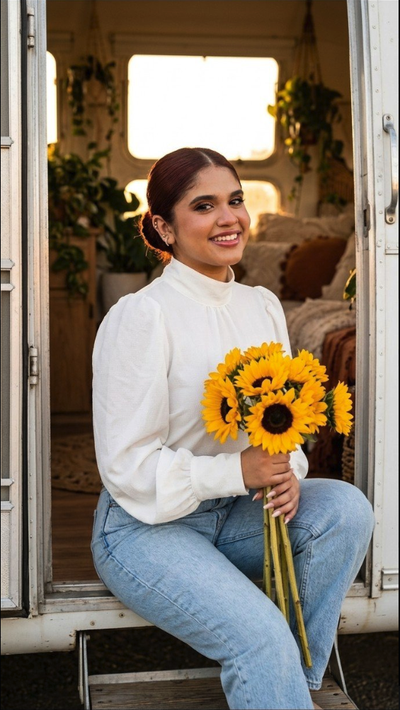 A woman seated in an open doorway holding a bouquet of sunflowers, smiling toward the camera.