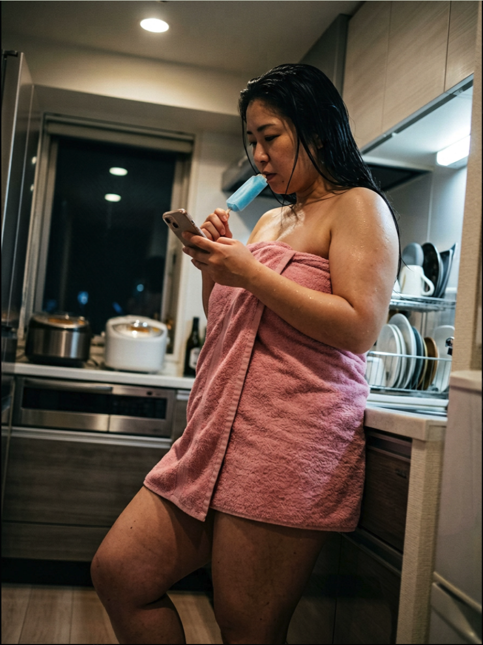 A woman wrapped in a pink towel standing in a kitchen, holding a phone and a blue popsicle.
