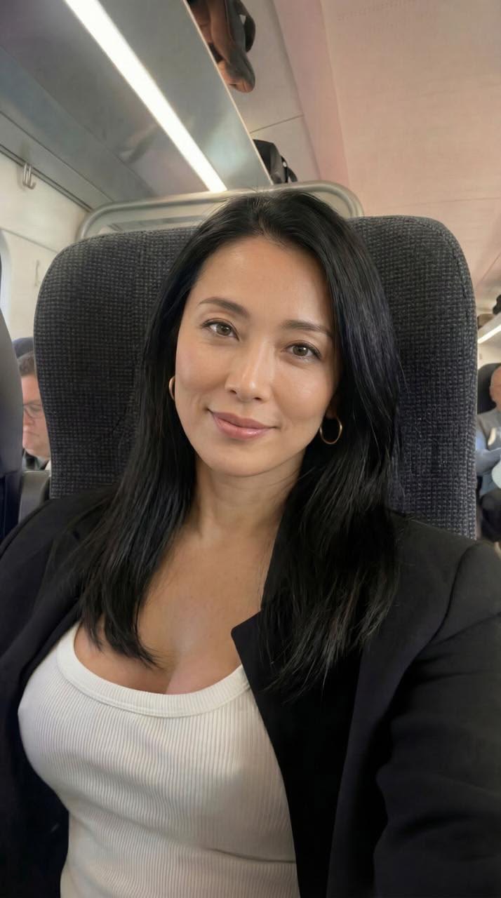 A woman with long dark hair taking a selfie while seated on a train.