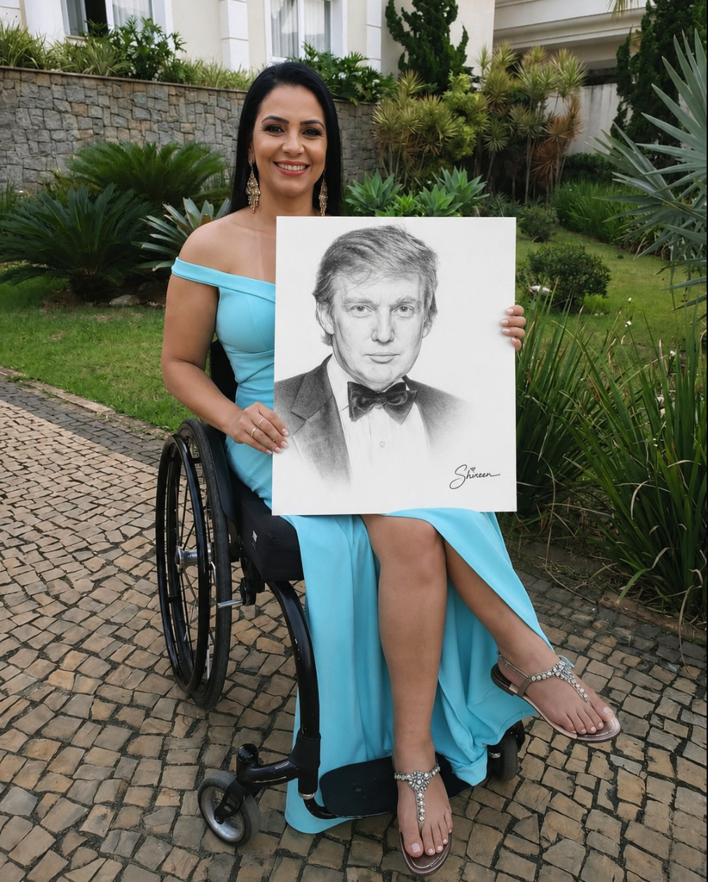 A woman in a wheelchair holding a pencil sketch of a man resembling Donald Trump, signed 'Shireen'.
