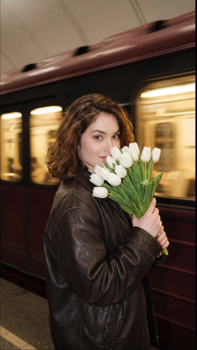 A woman resembling an unidentified young woman, holding white tulips near her face beside a dark red train at a station.