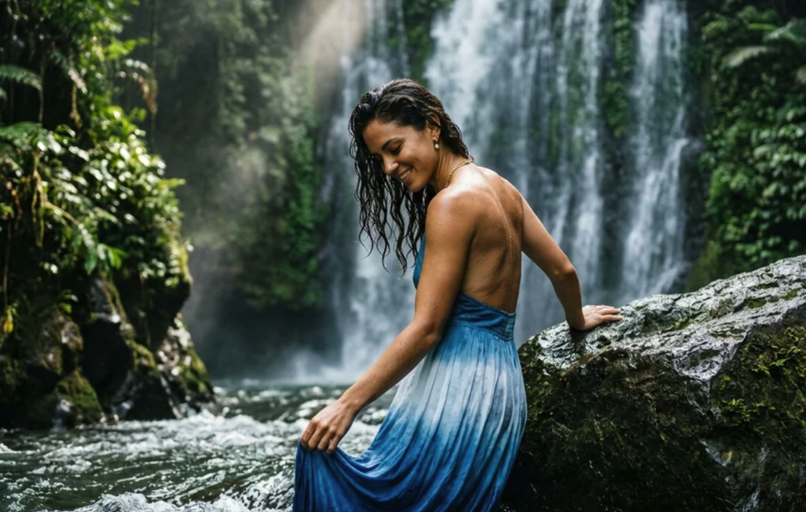 A woman in a flowing blue dress standing on mossy rocks beside a forest waterfall.