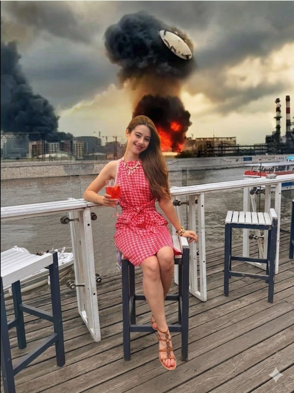 A woman in a red and white houndstooth dress sitting at a waterfront bar holding a red cocktail, with a large explosion visible in the background.
