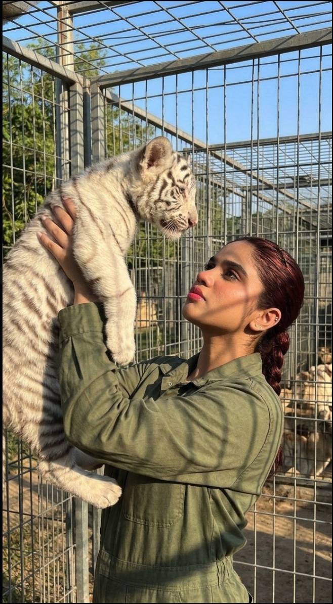 A woman with braided reddish hair wearing an olive-green jumpsuit, holding up a small white tiger cub in front of metal zoo enclosure fencing.