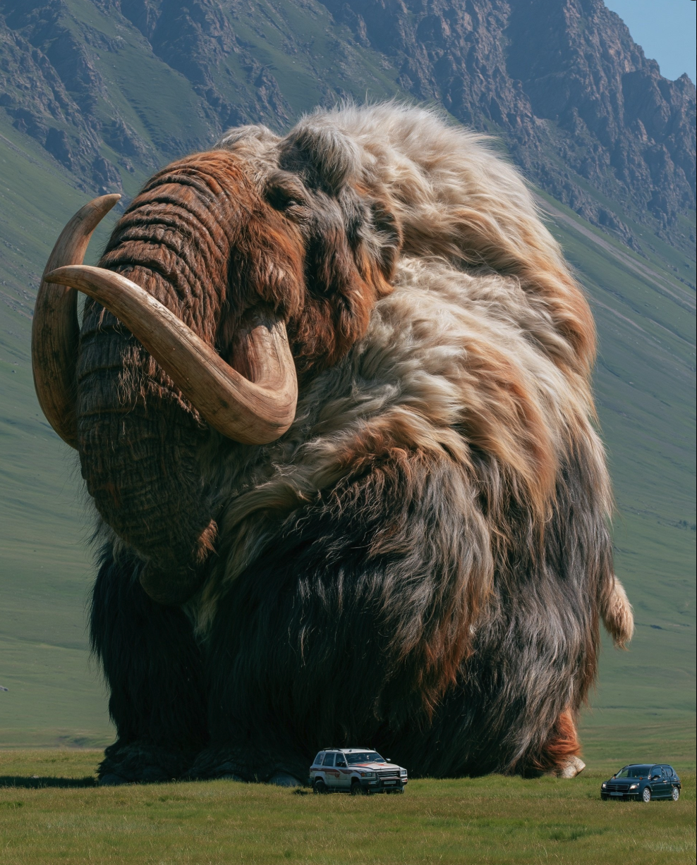 A giant woolly mammoth with long curved tusks standing in a grassy mountain valley, with two SUVs at its feet for scale.