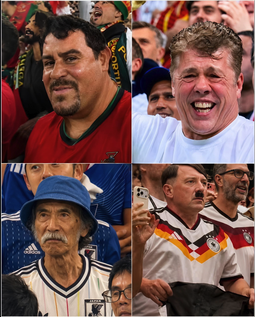 Four images of men in crowds wearing national football jerseys, including Portugal, Japan, and Germany national team kits.