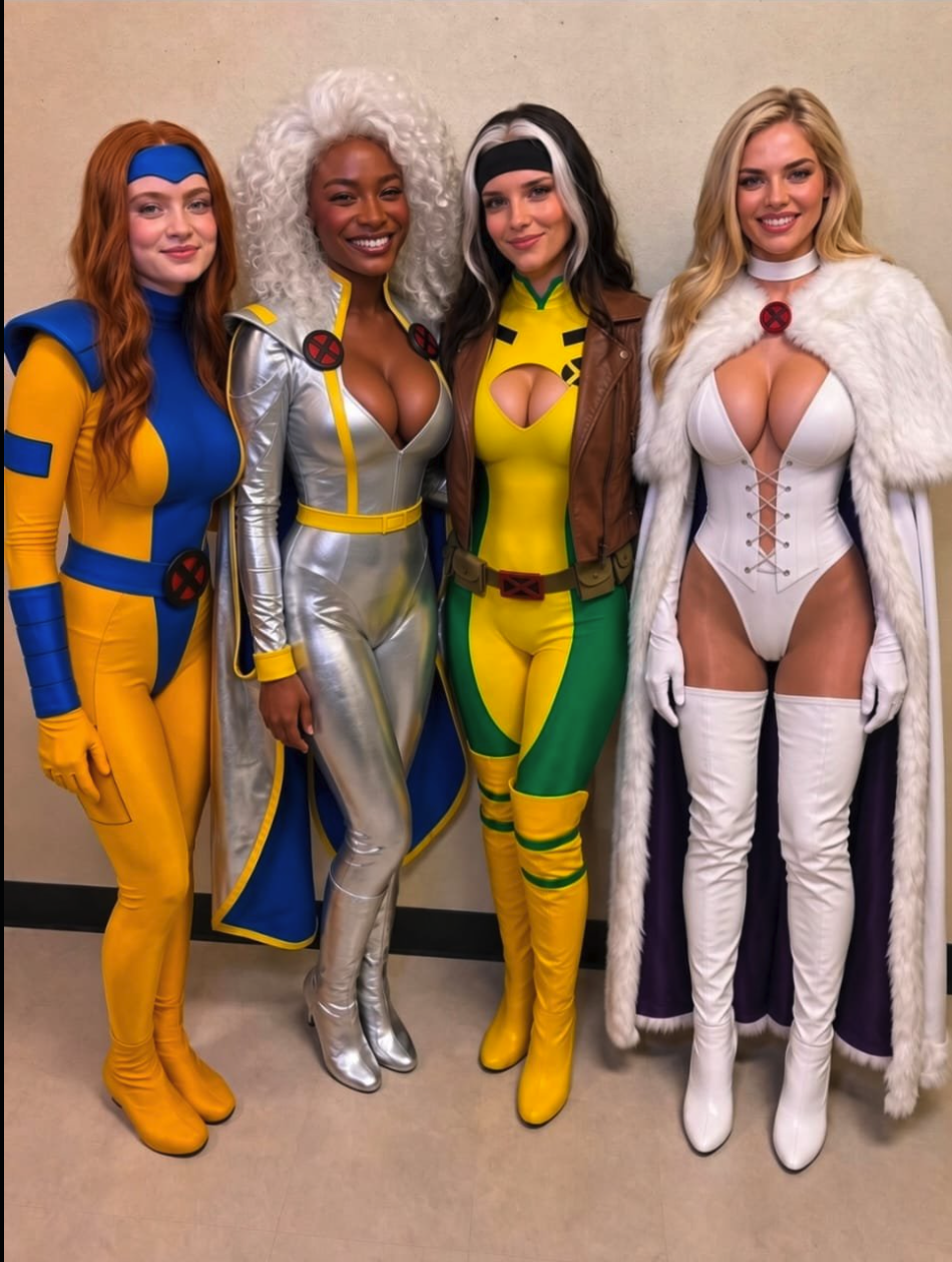 Four women in colorful superhero costumes resembling X-Men characters posing together against a plain wall.