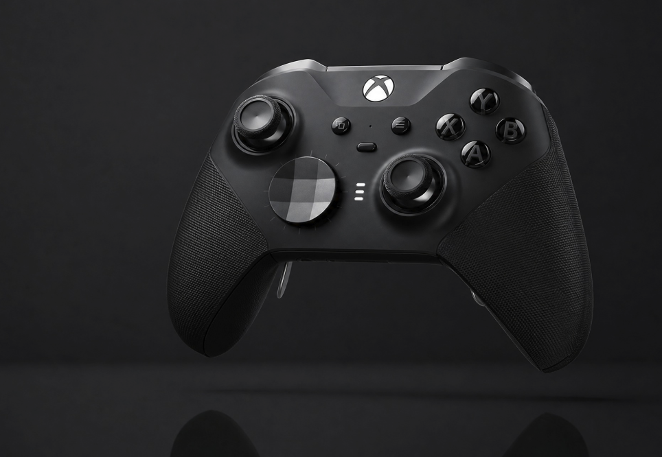 A black Xbox Elite Wireless Controller positioned upright on a dark reflective surface.