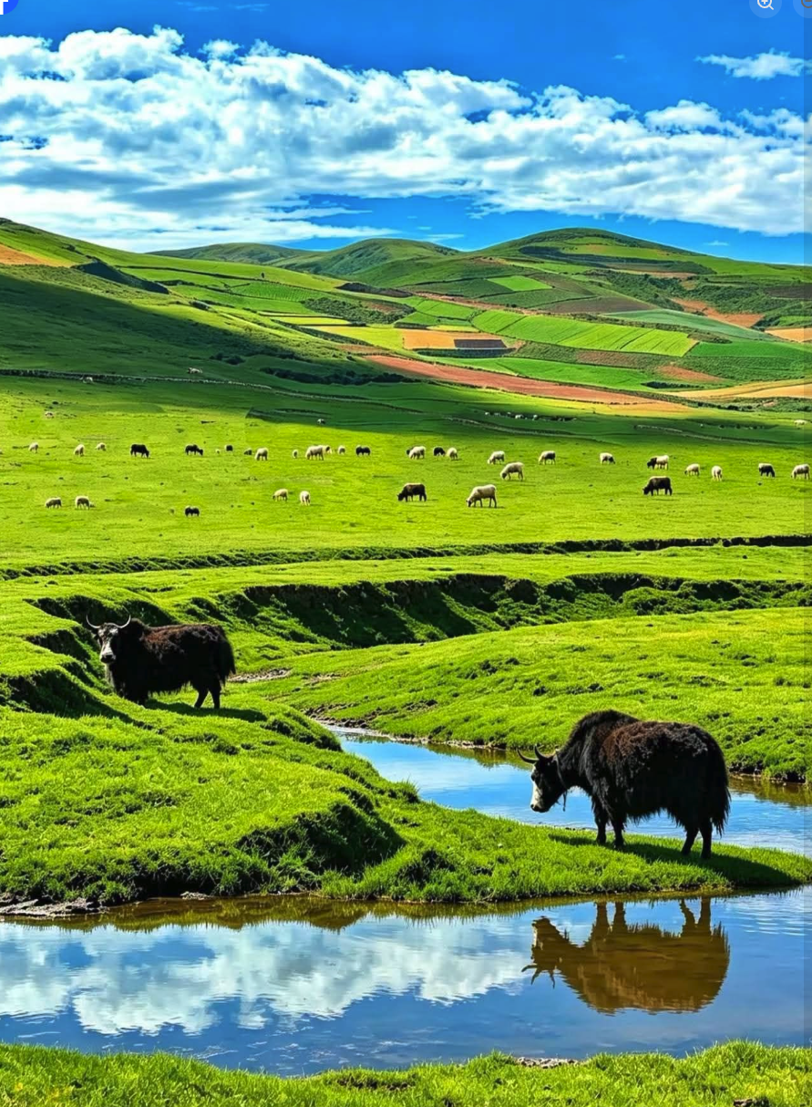 A green pastoral landscape with two yaks in the foreground beside a stream and sheep grazing on rolling hills under a partly cloudy sky.