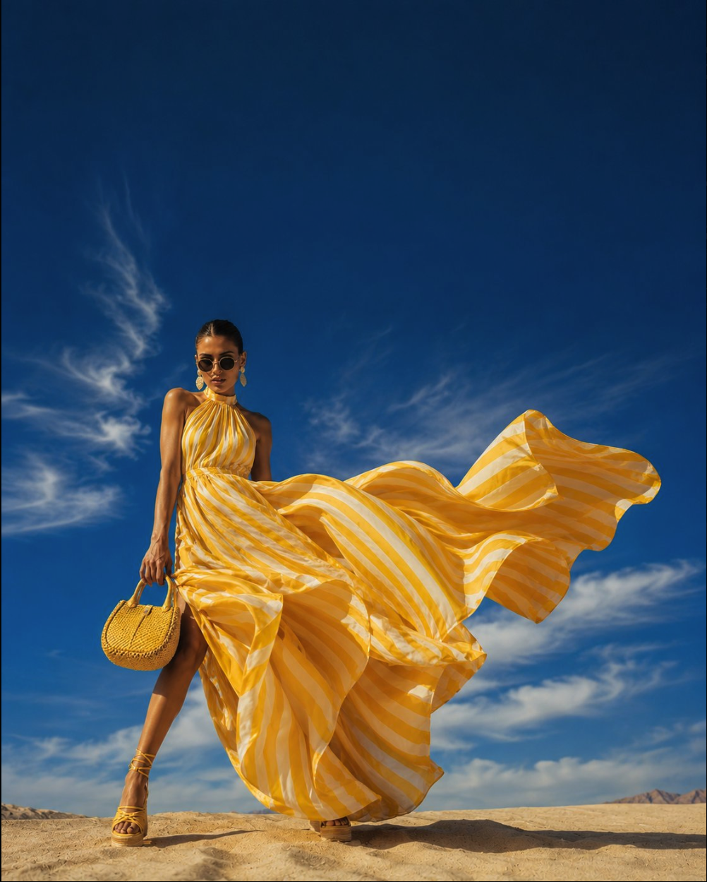 A woman in a flowing yellow and white striped halter dress standing on sandy terrain beneath a blue sky.