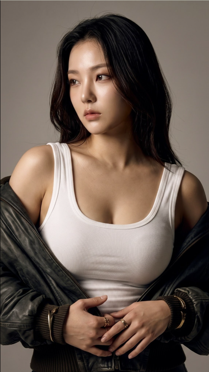 A woman wearing a white tank top and dark jacket in a studio setting.