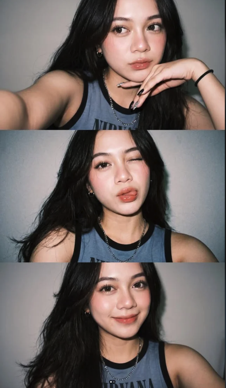 Three selfie-style images of a young woman , with long dark hair and a grey Nirvana tank top.