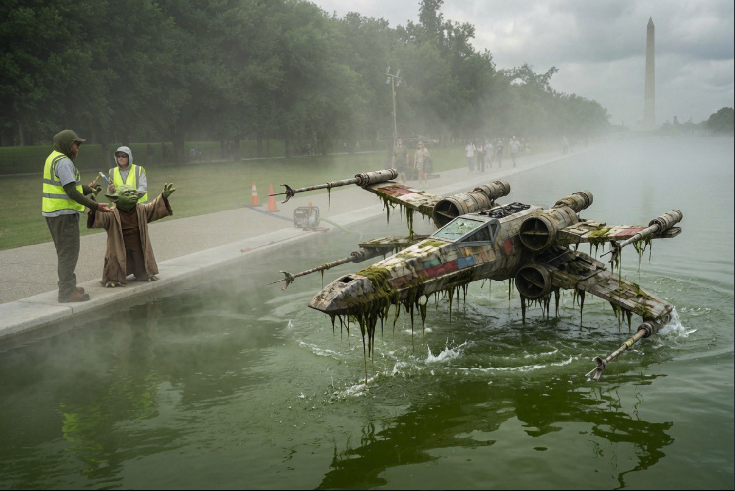 A small figure resembling Yoda in a brown robe stands on a walkway beside a moss-covered X-wing starfighter partially submerged in a reflecting pool, with the Washington Monument visible in the distance.