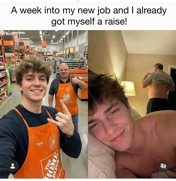 A two-panel meme showing a young man in a Home Depot store and then lying shirtless in a bedroom.