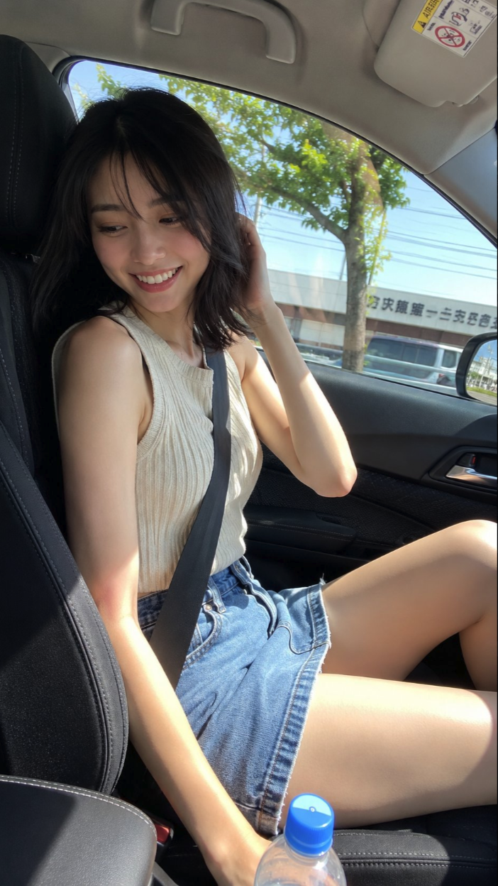 A young woman with short dark hair smiling while seated in the passenger seat of a car.