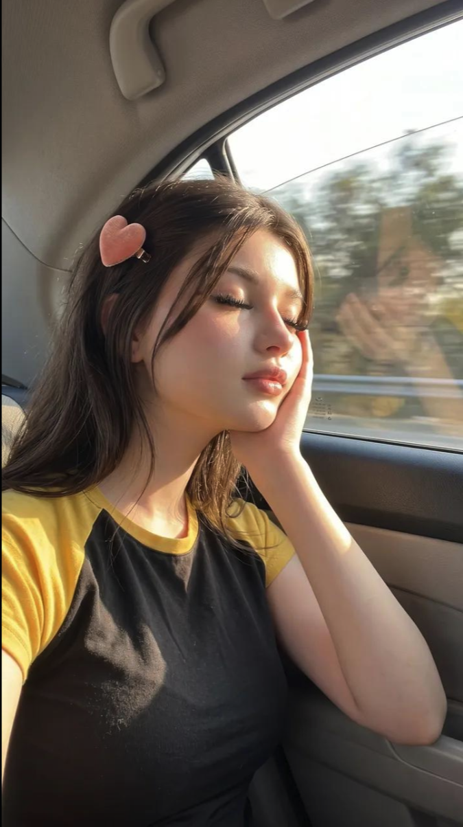 A young woman appearing to rest with her eyes closed against a car window, wearing a yellow and black t-shirt with a pink heart hair clip.