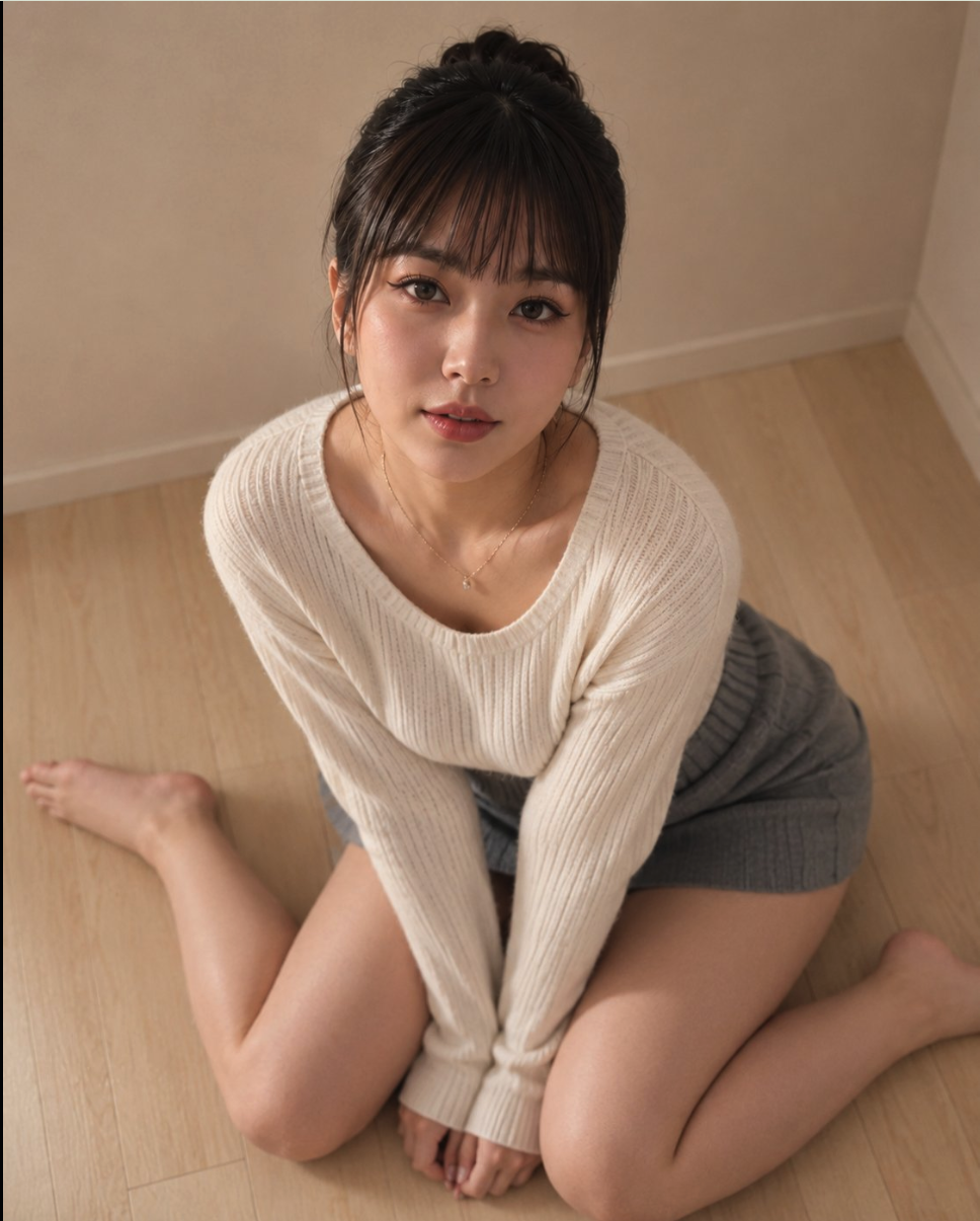 A young woman with dark bangs, wearing a cream ribbed sweater and gray shorts, kneeling on a wooden floor and looking up toward the camera.