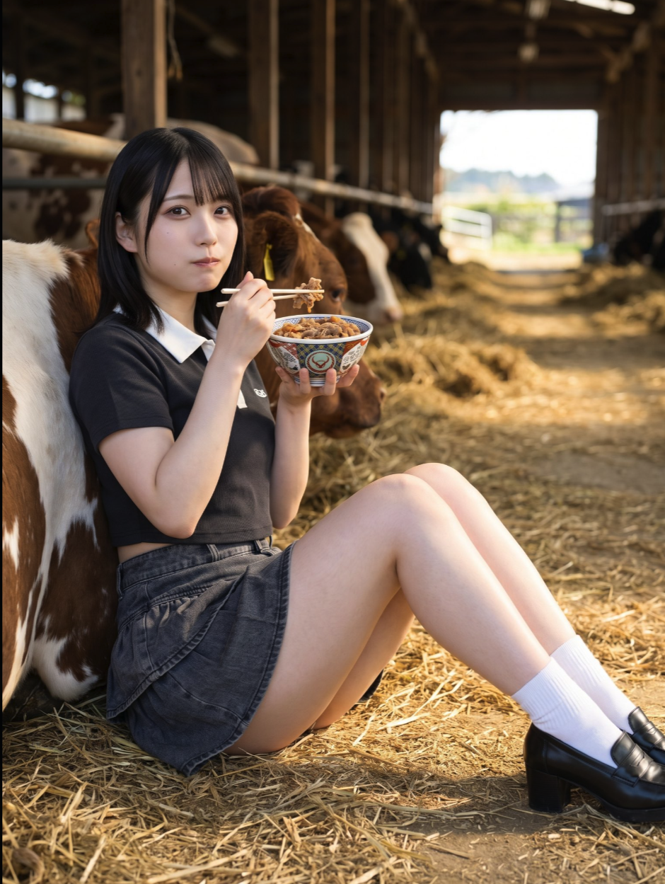 A young woman resembling Yui Yokoyama sitting on hay beside a cow in a barn, eating from a decorative bowl.