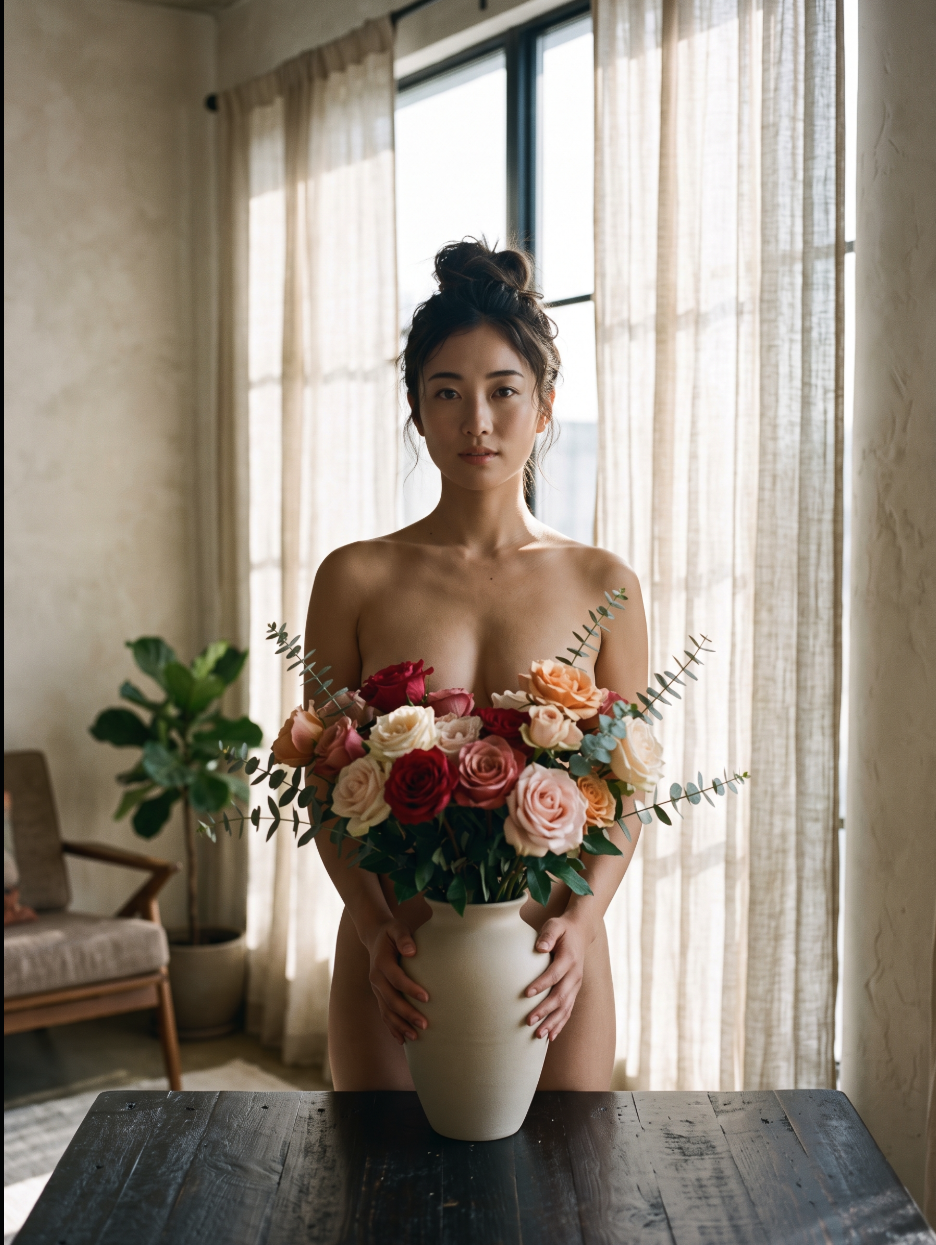 A woman standing indoors holding a large bouquet of roses in a ceramic vase.