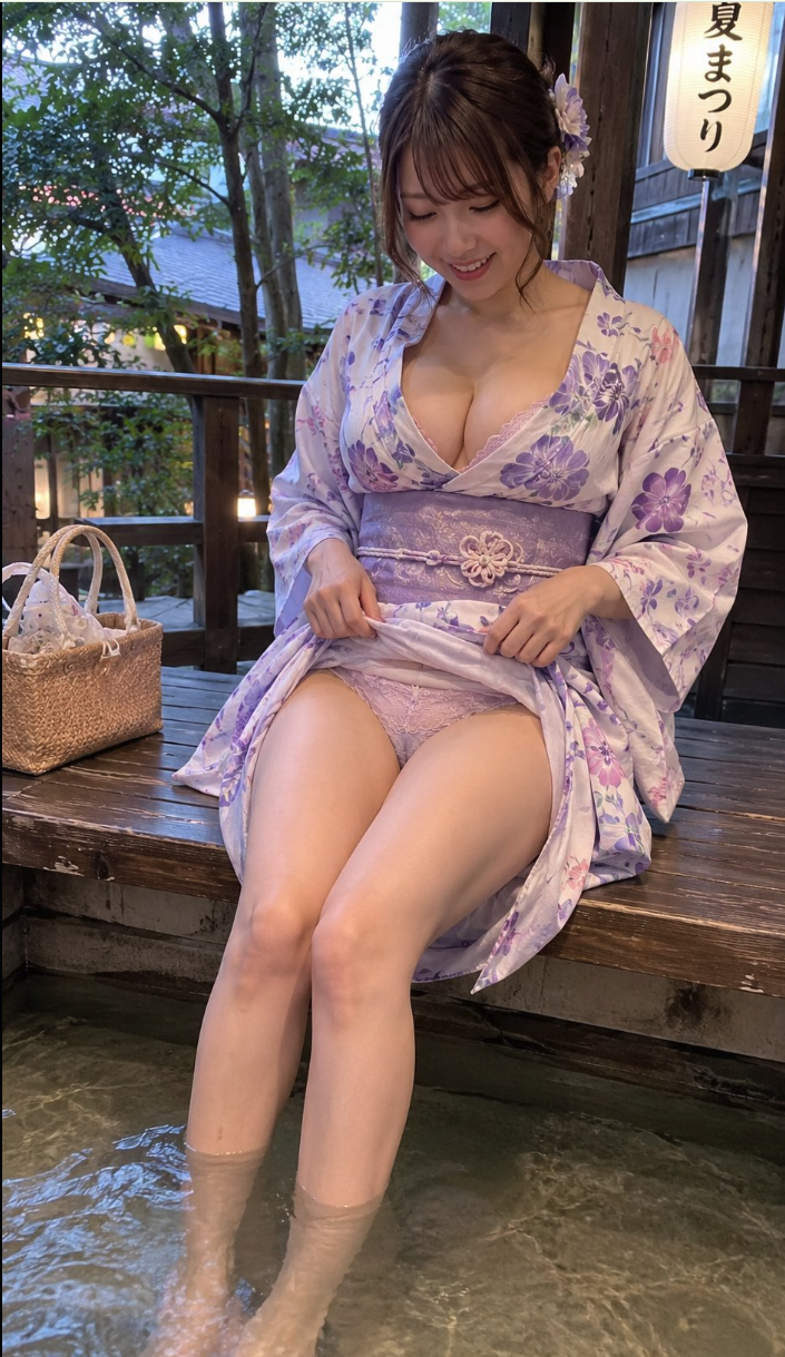 A woman in a purple floral yukata seated on a wooden deck, lifting the garment to reveal underwear beside a foot bath.