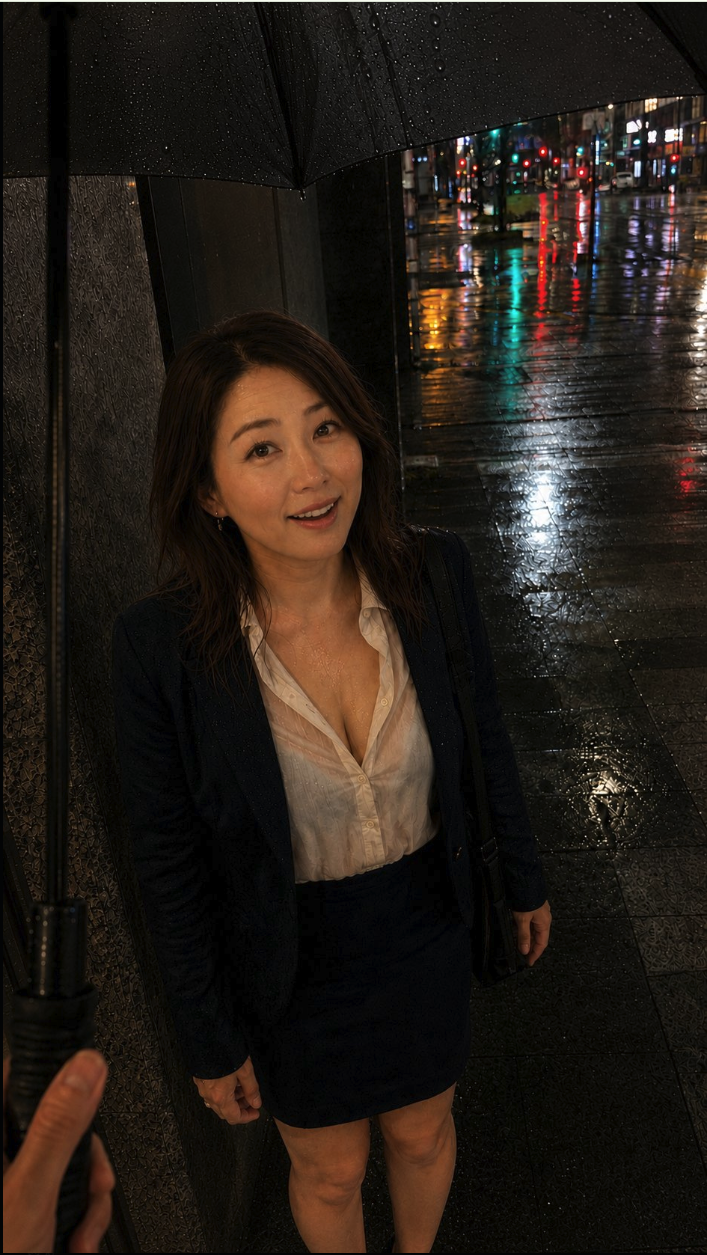 A woman standing under a black umbrella on a wet city street at night.