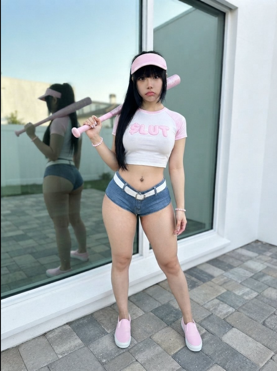 A woman standing outdoors on a patio holding a pink baseball bat, reflected in a large window.
