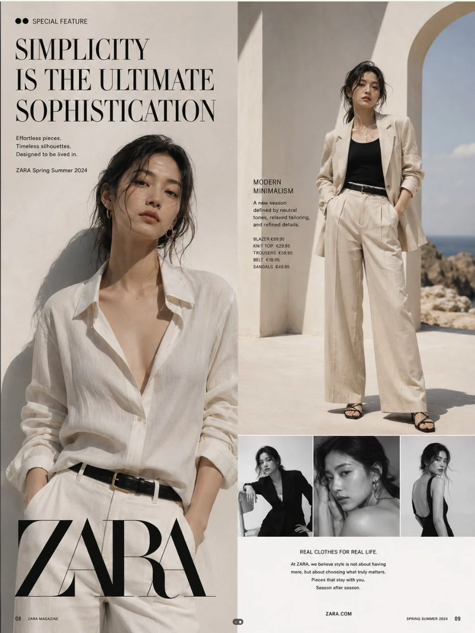 A fashion model in a beige blazer and wide-leg trousers posing in a ZARA Spring Summer 2024 magazine spread.