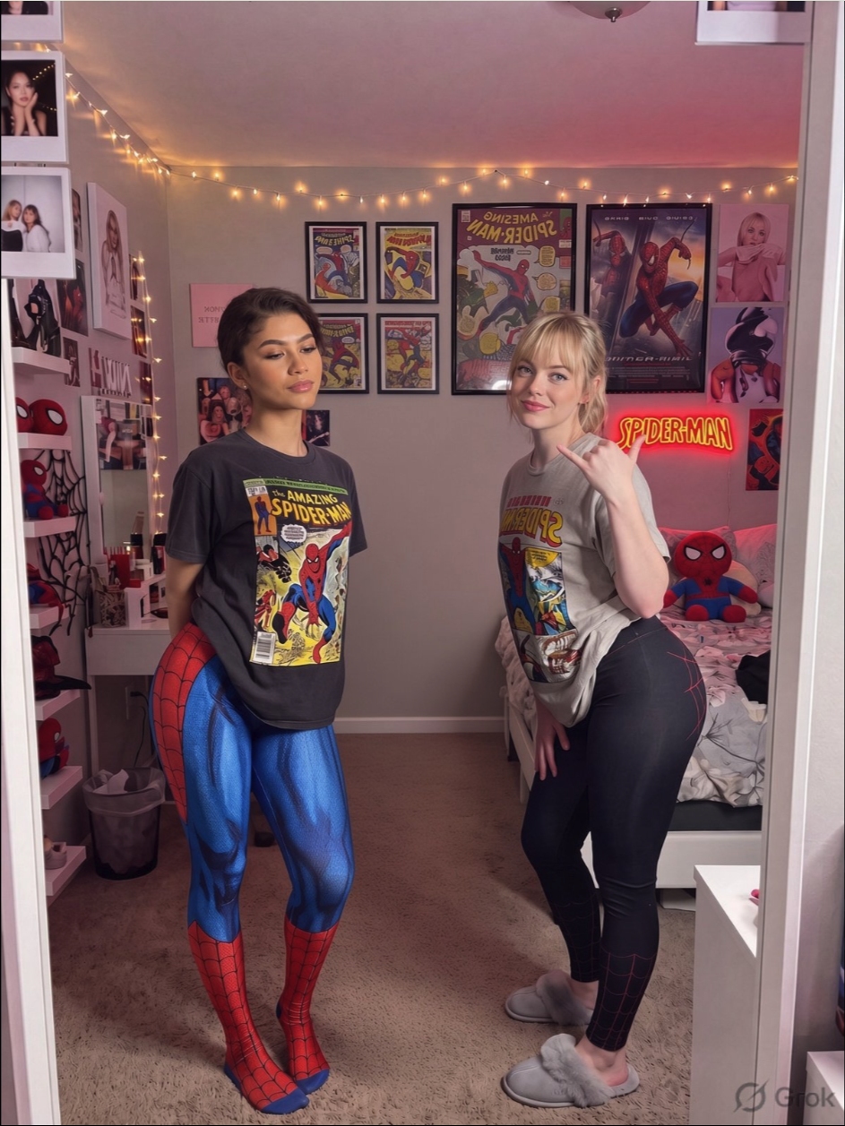 Two women resembling Zendaya and Emma Stone posing in a Spider-Man themed bedroom.