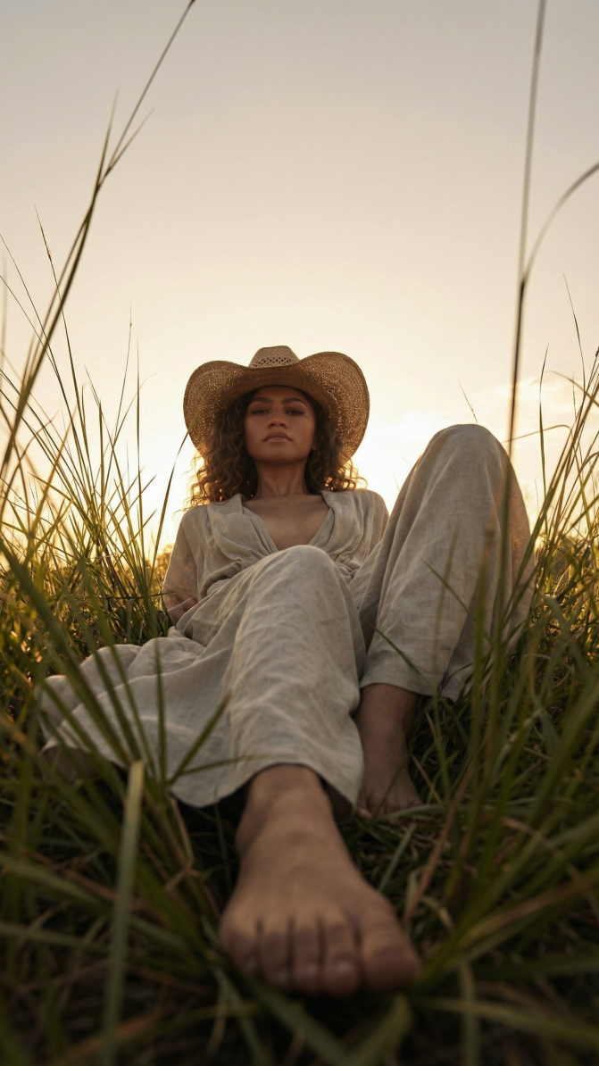 A woman resembling Zendaya wearing a straw cowboy hat and loose linen clothing, reclining in tall grass at sunset.
