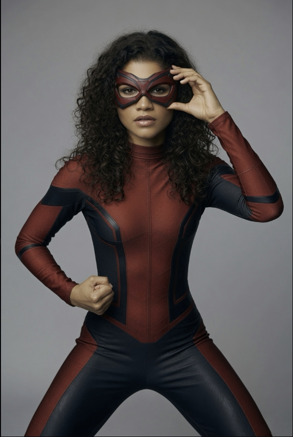 A woman resembling Zendaya in a red and dark superhero bodysuit with a mask pushed up on her forehead.