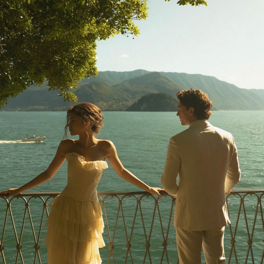 A woman resembling Zendaya in a yellow strapless dress and a man resembling Tom Holland in a cream suit standing at a balcony overlooking a lake.