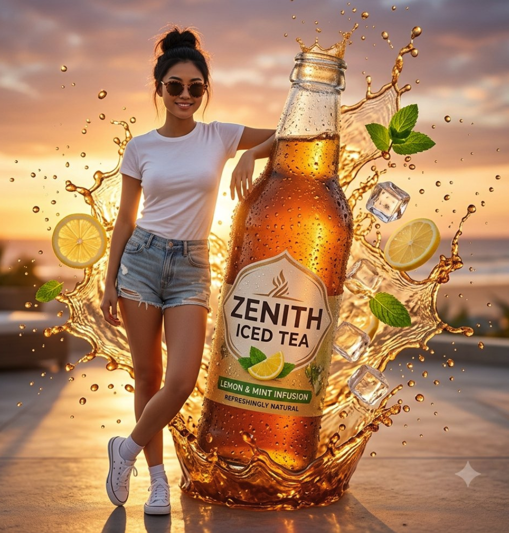 A woman posing next to an oversized bottle labeled Zenith Iced Tea.