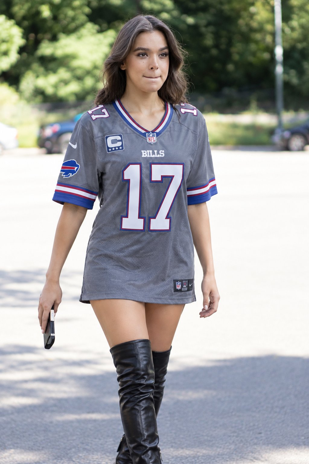 A woman resembling Hailee Steinfeld walking outdoors in an oversized gray Buffalo Bills jersey bearing the number 17, paired with thigh-high black boots.