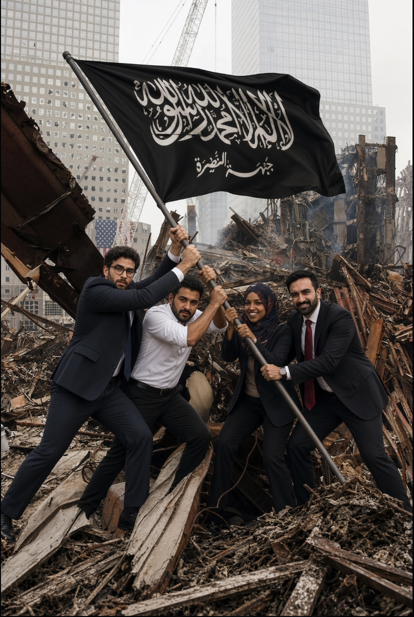 A group of people resembling Ilhan Omar and others planting a black flag amid rubble with skyscrapers behind them.