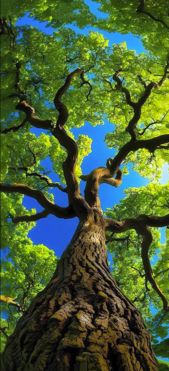 A low-angle view looking up at a large gnarled tree with bright green leaves and branches framing a vivid blue sky.
