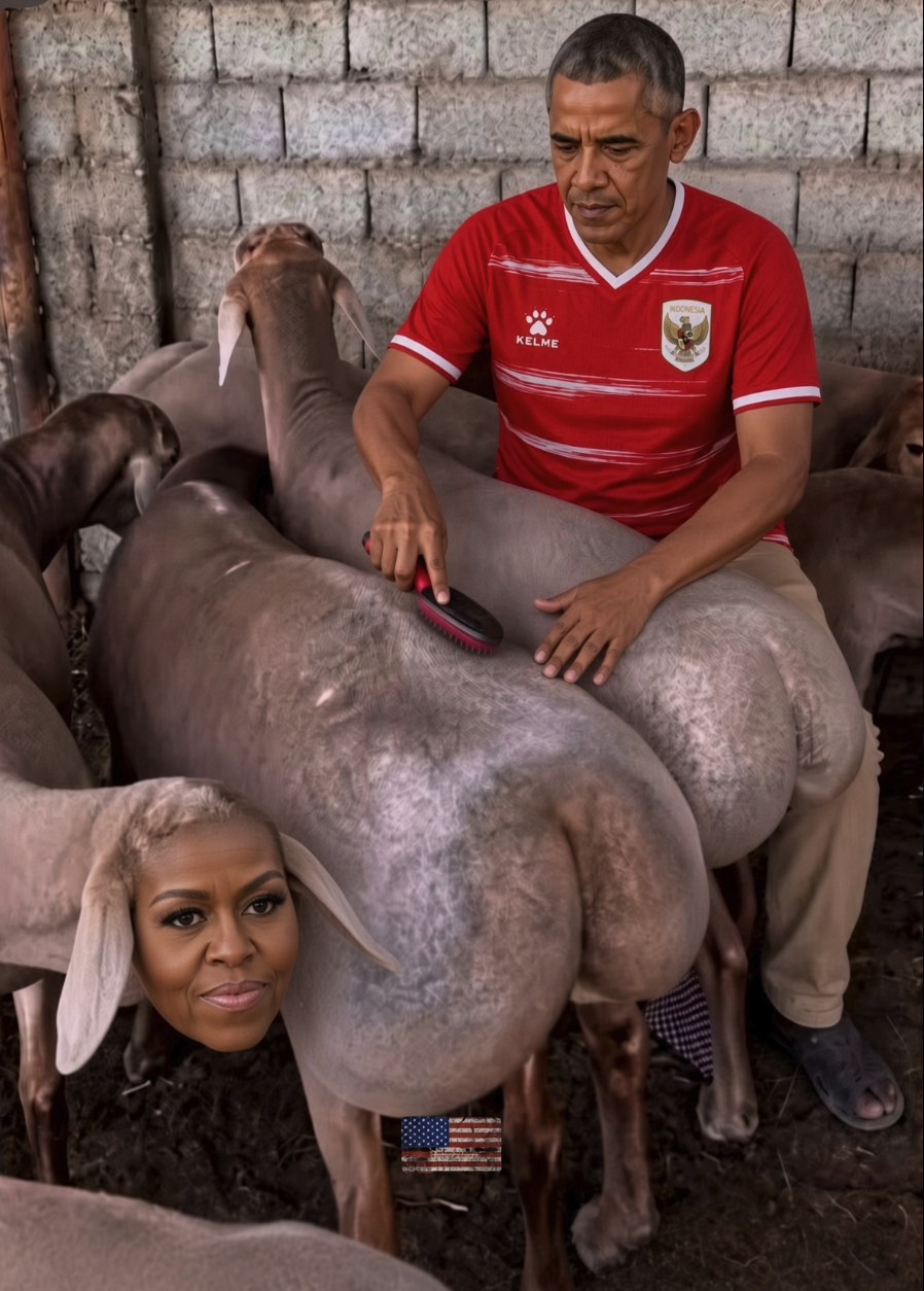 A man resembling Barack Obama in a red Indonesian jersey grooming a goat whose head appears to bear a face resembling Michelle Obama's.
