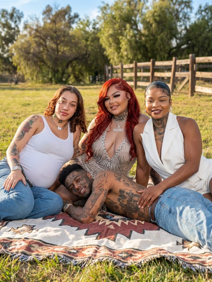 Four people resembling Blueface and Chrisean Rock posing together on a blanket in a grassy outdoor setting.