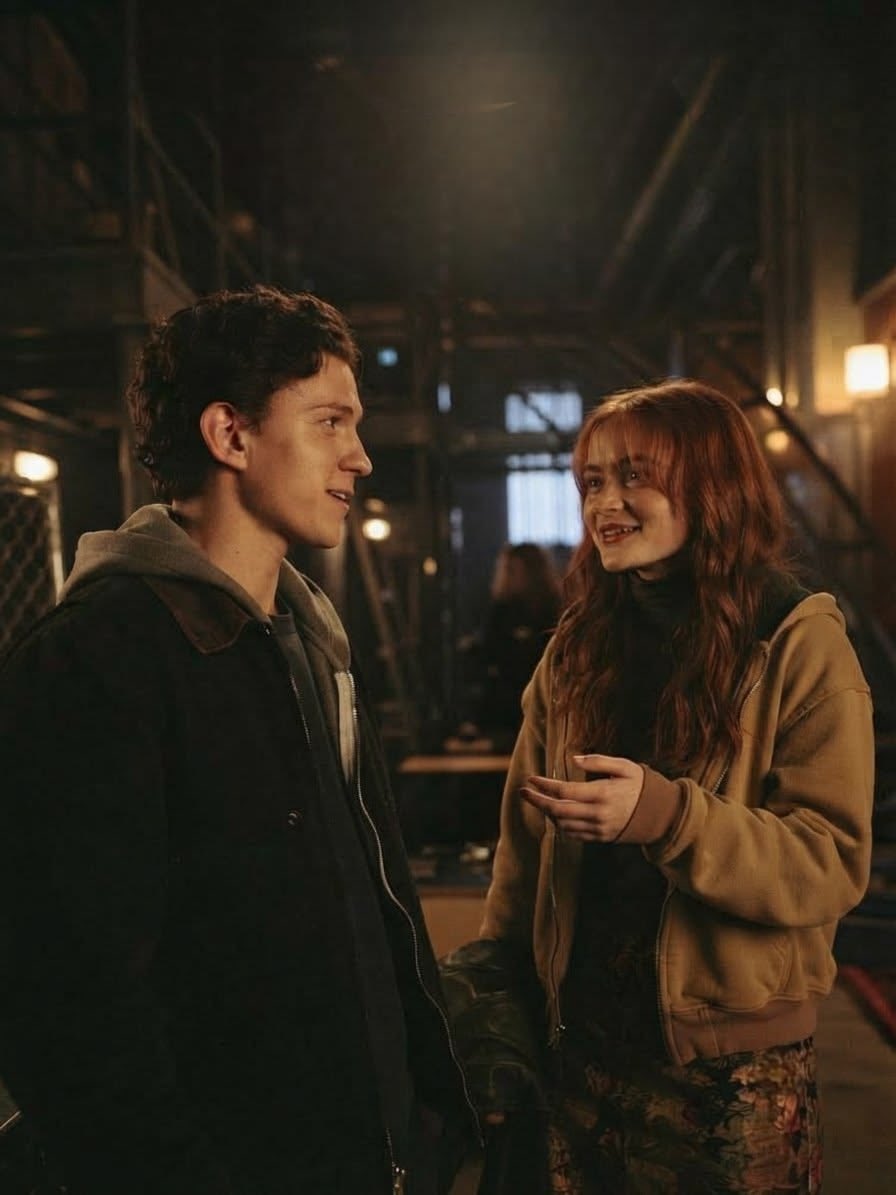 A man resembling Tom Holland and a woman resembling Sadie Sink standing together in a dimly lit industrial space.