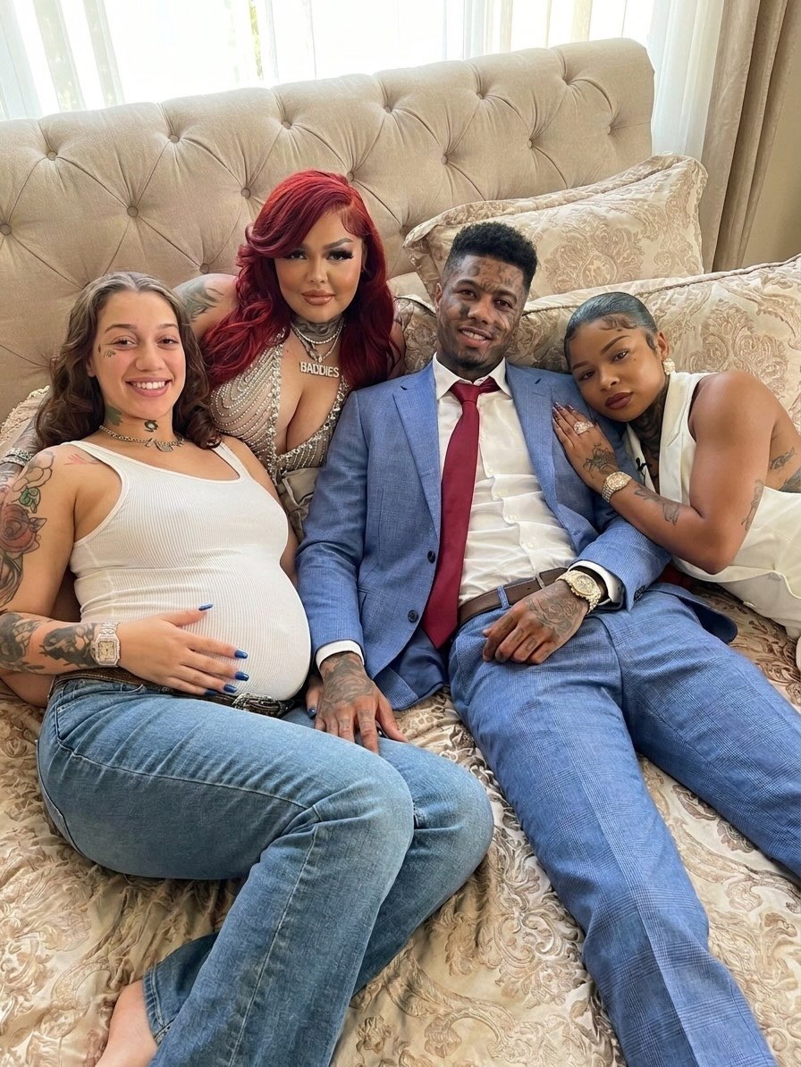 Three women and one man resembling Ethel Booba, Blueface, and Chrisean Rock posed together on a bed.
