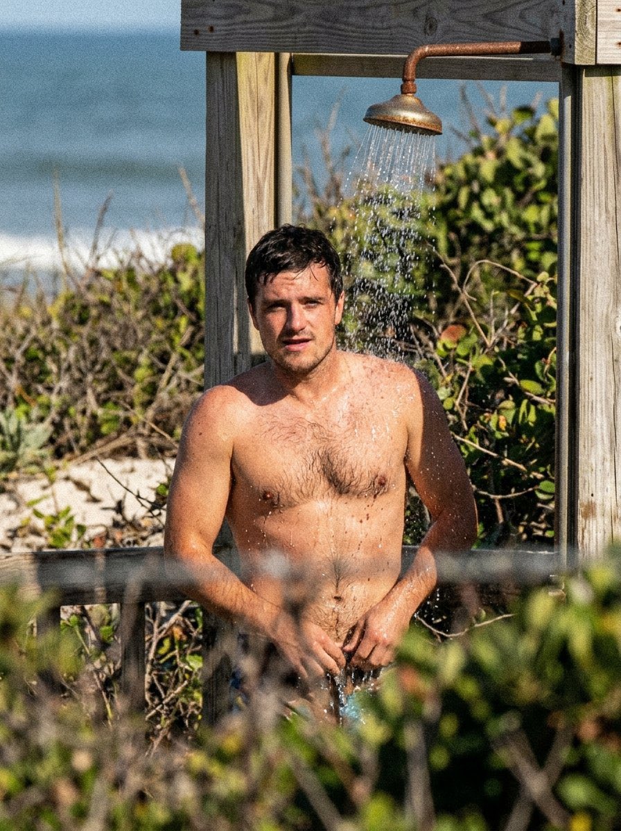 AI image detected of Josh Hutcherson in a beach shower