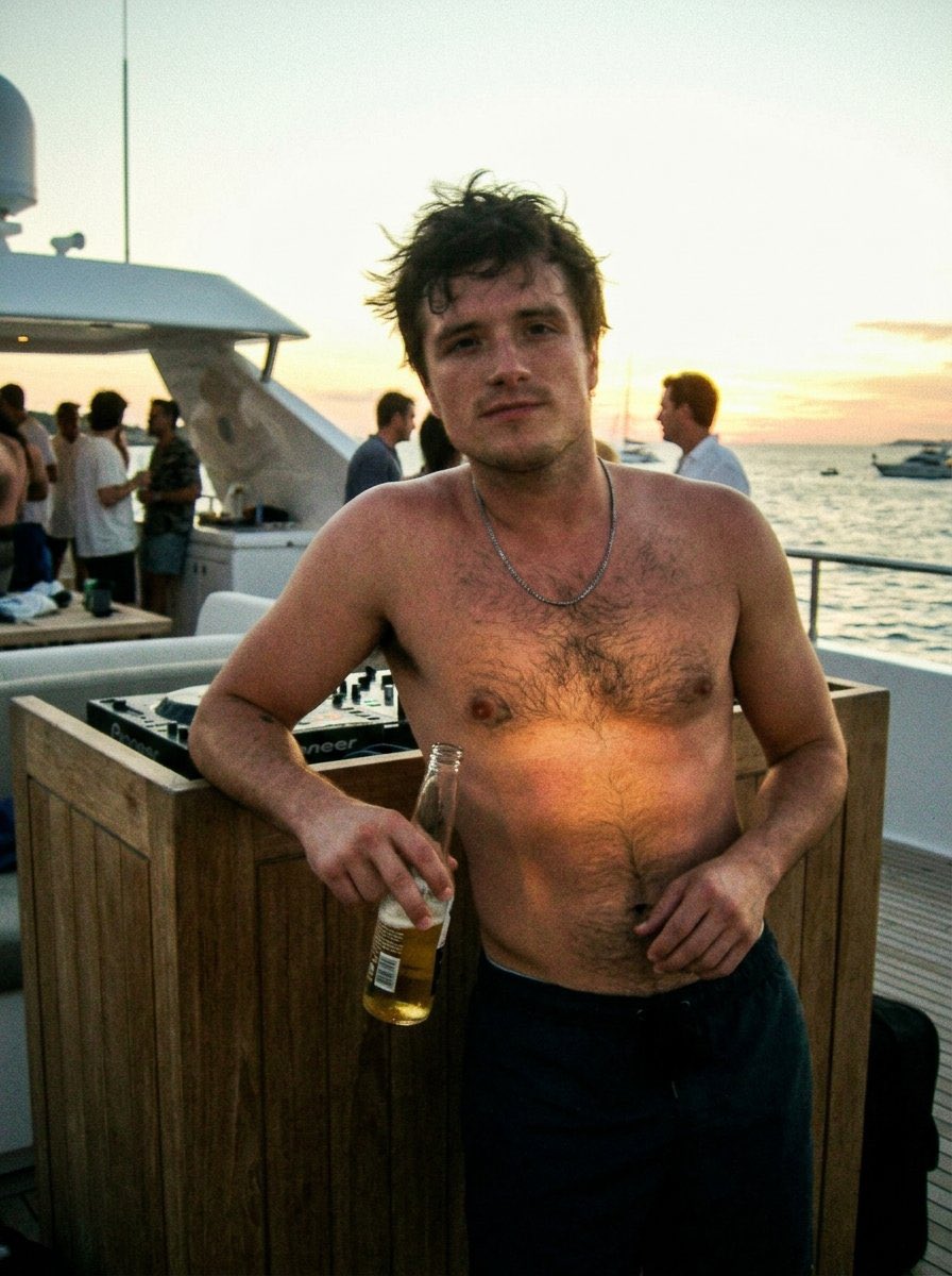 AI image detected Josh Hutcherson boat party holding a corona.