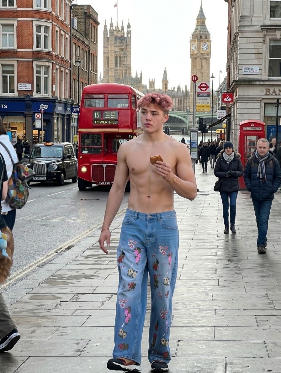 A shirtless man resembling Knox Jolie-Pitt standing on a London pavement holding a pastry.