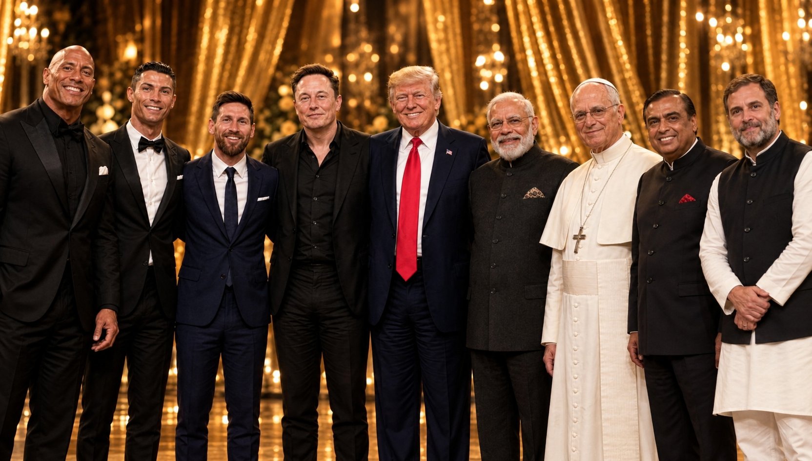 Nine men resembling Dwayne Johnson, Cristiano Ronaldo, Lionel Messi, Elon Musk, Donald Trump, Narendra Modi, the Pope, Mukesh Ambani, and Rahul Gandhi standing together at a formal indoor event.