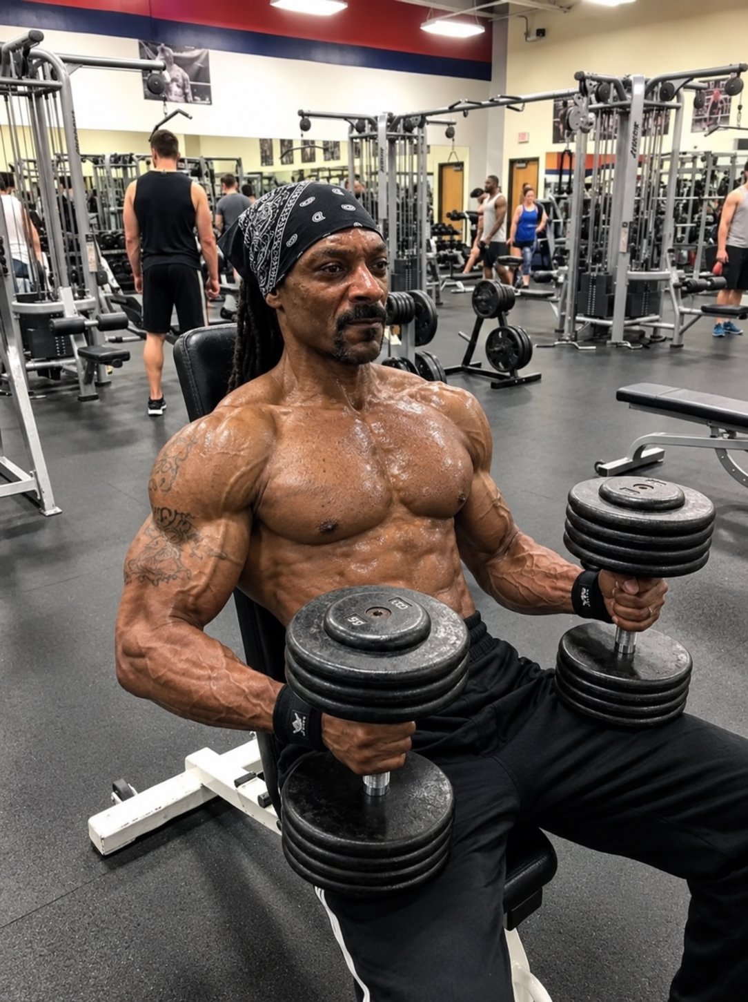 A muscular man resembling Snoop Dogg seated on a bench lifting two heavy dumbbells in a gym.