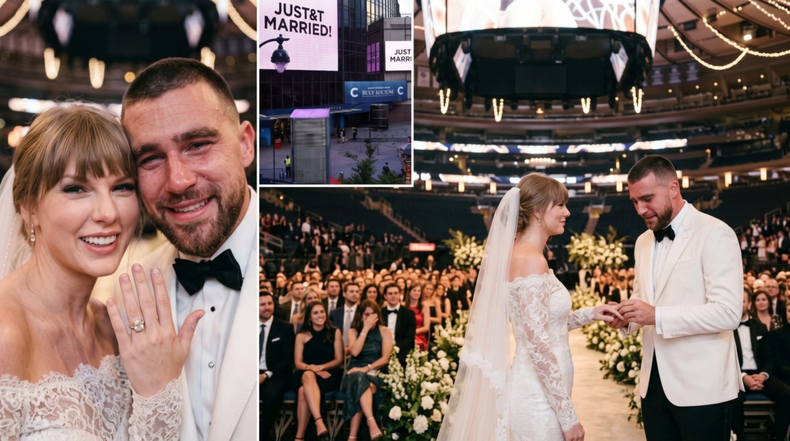 A woman resembling Taylor Swift and a man resembling Travis Kelce in wedding attire at an indoor ceremony.