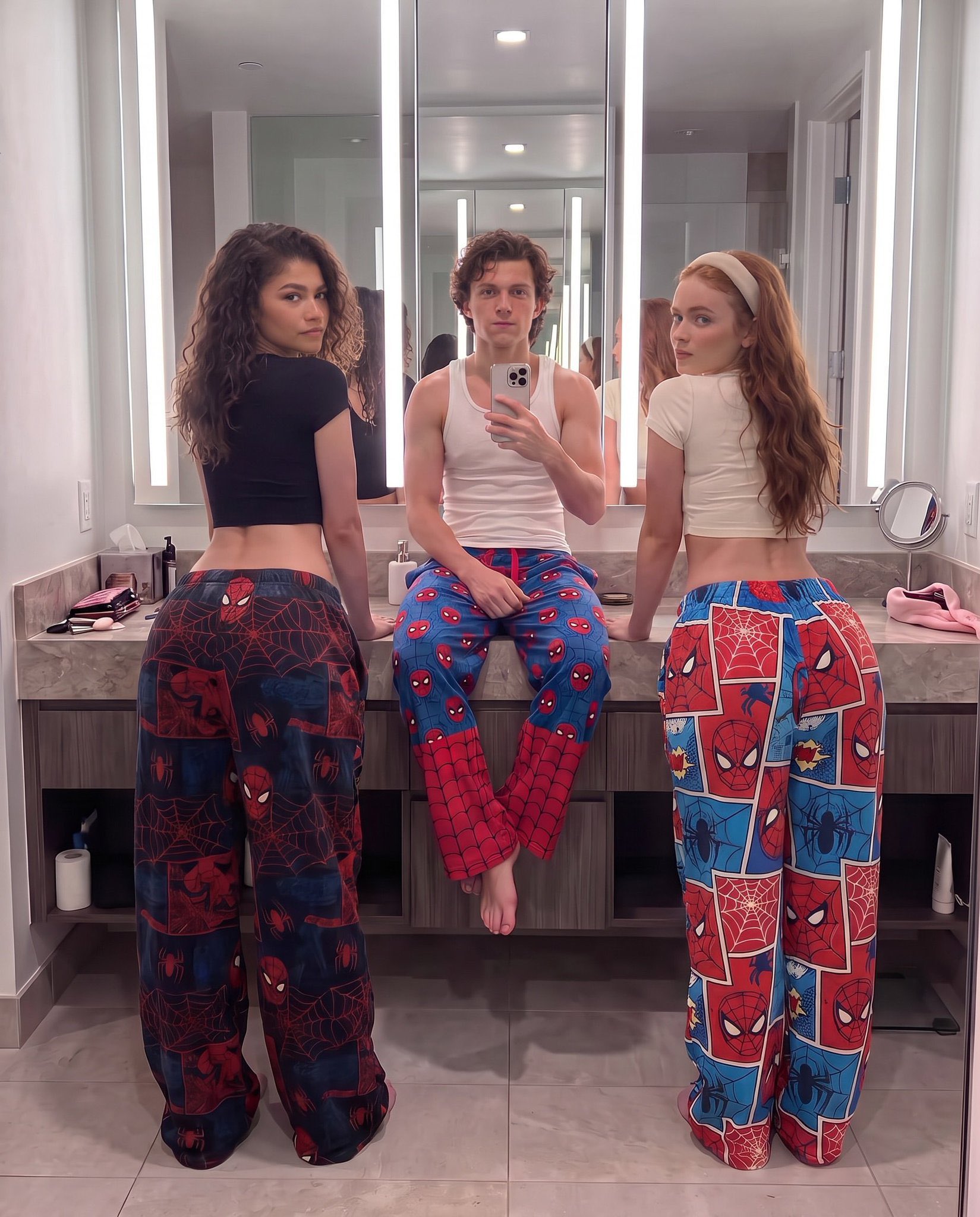 Three people resembling Zendaya, Tom Holland, and Sadie Sink posed in a bathroom in matching Spider-Man pajamas.
