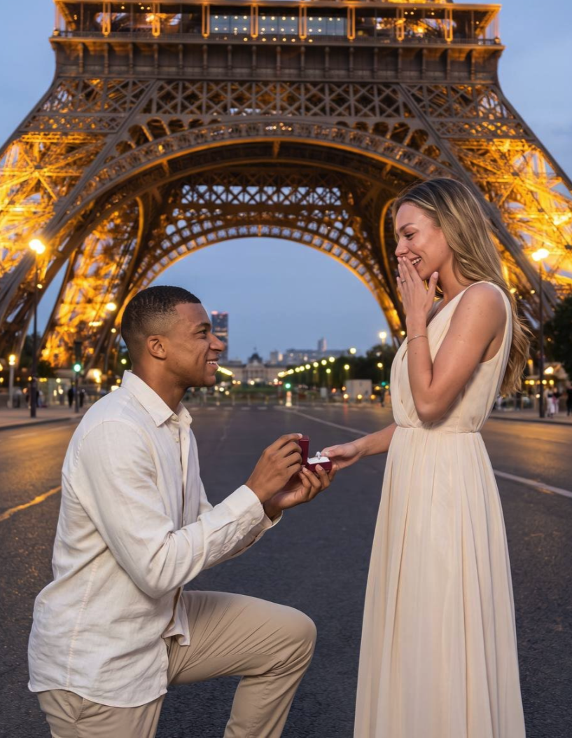 A man resembling Kylian Mbappé kneeling with a ring box before a woman resembling Ester Expósito, with the lit Eiffel Tower behind them at night.