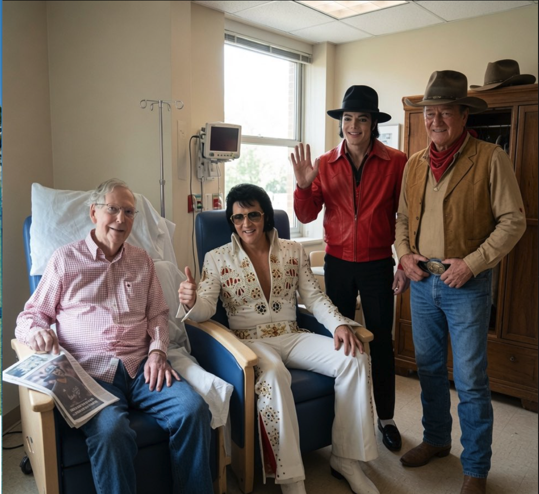Four people resembling Mitch McConnell, John Wayne, Elvis Presley, and Michael Jackson gathered in a hospital room.