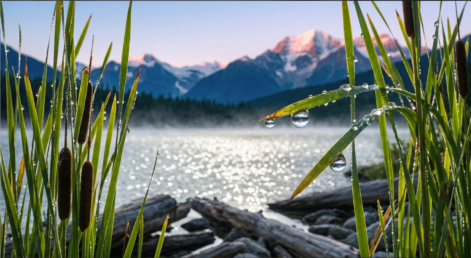 A landscape showing cattail reeds beaded with water droplets in the foreground, a misty lake at center, and snow-capped mountains beneath a pink dawn sky.