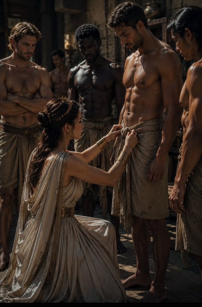 Men resembling Ian Bohen and Tyson Beckford among shirtless men in an ancient Greek-style setting, with a kneeling woman in a draped gown.